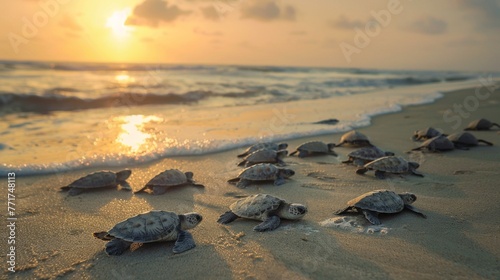 Baby Turtles Journeying to Sea at Sunrise on Sandy Beach