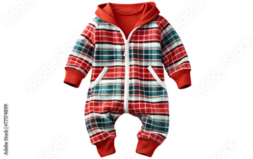 A baby in a red and green plaid onesuit laughs joyfully
