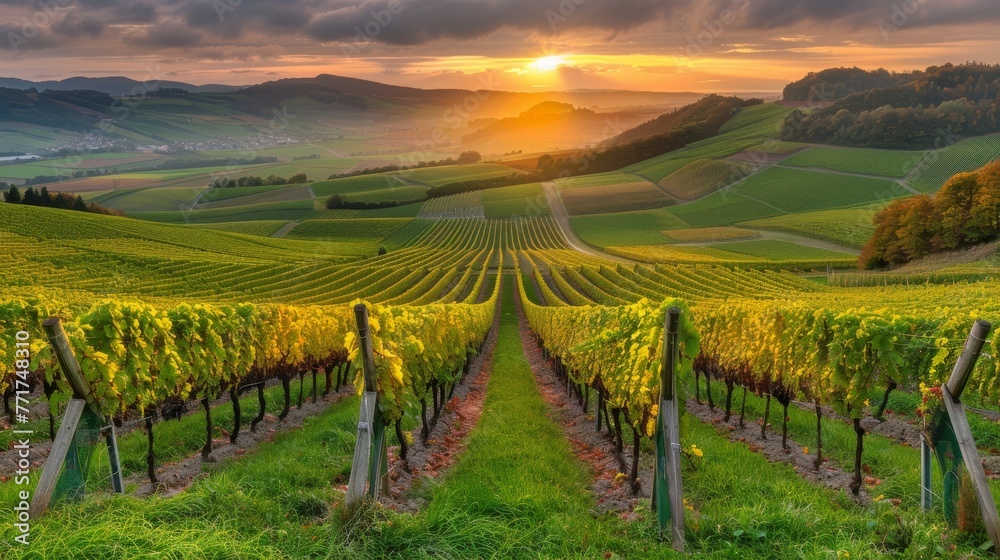 Fototapeta premium A picturesque image of a vineyard with the sunset behind undulating hills in the background