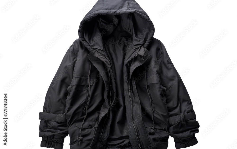 A sleek black jacket with a hood hanging on a coat rack