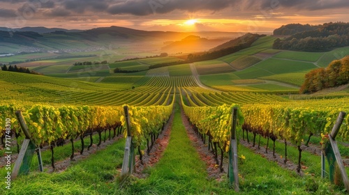  A picturesque image of a vineyard with the sunset behind undulating hills in the background
