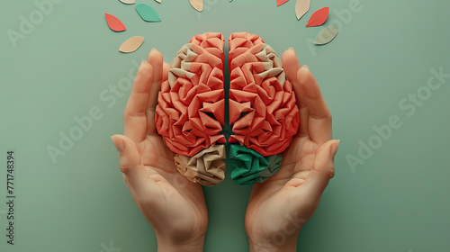 3d colorful brain illustration in human hands, Alzheimer awareness day, dementia diagnosis, Parkinson's disease, memory loss disorder concept  photo
