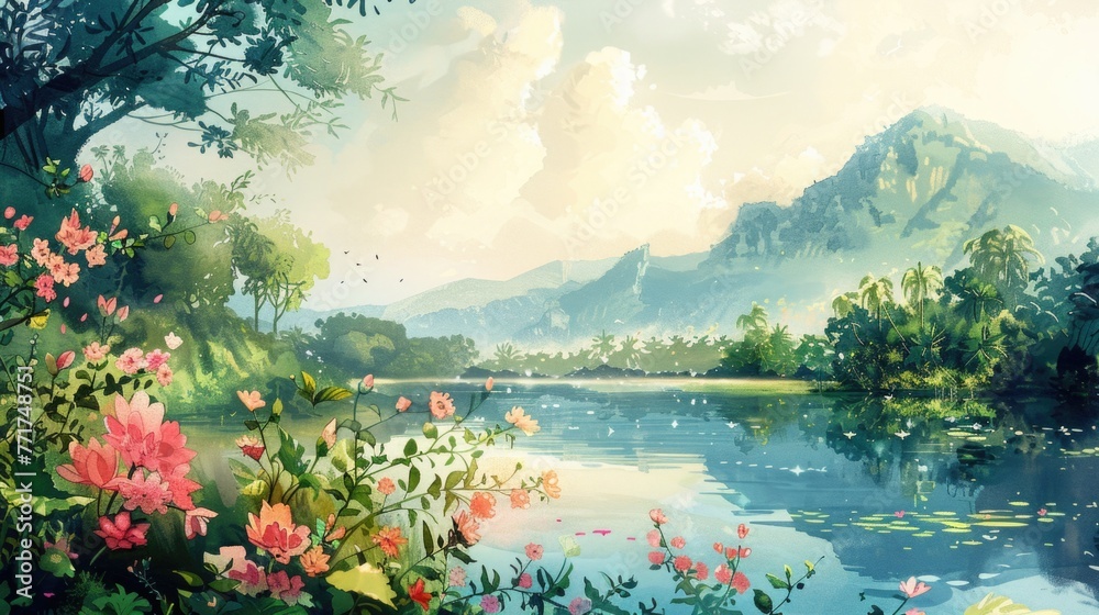 A watercolor illustration of a tranquil early morning scene in Sri Lanka during the Sinhala New Year, with a focus on the beauty of nature - blooming flowers, lush greenery, and a calm, clear sky - obrazy, fototapety, plakaty 