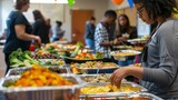 People serving themselves at a buffet with a variety of dishes. Indoor catering event with diverse food options