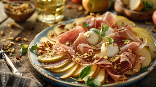  A wooden table with an array of apples, pears, nuts, and prosciutto on its surface