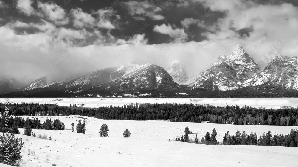 Obraz premium Cloud shrouded Tetons; Grand Teton NP; Wyoming