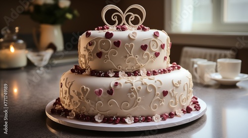 Anniversary cake decorated with two intertwined fondant hearts and a number representing the years married.