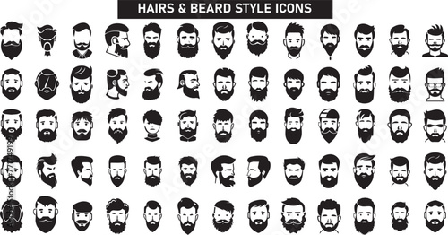 Men's Beard and Hair style Icon set for barber and hair cut logo and men fashion style isolated on white