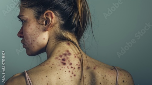 Back view of a woman with acne and skin irritation. Studio portrait with a muted blue background. Skin care and medical dermatology concept photo