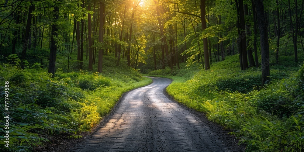 A narrow road winds through dense woods, illuminated by sunshine and sunbeams. A narrow road winds through dense woods, illuminated by sunshine and sunbeams.