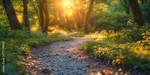 A serene park bathed in sunlight, with lush foliage, a winding path, and vibrant greenery.