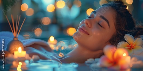 A woman indulges in spa luxury, enjoying aromatherapy, pool relaxation, and rejuvenating treatments.