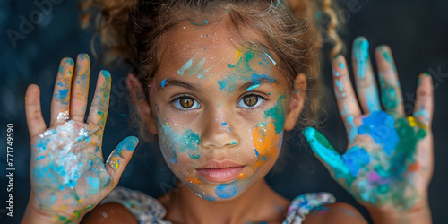 A cheerful girl paints her face with colorful palm prints, radiating joy and creativity.