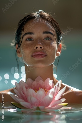 In a serene spa setting, a brunette lady indulges in relaxation and pampering amidst lotus blossoms.
