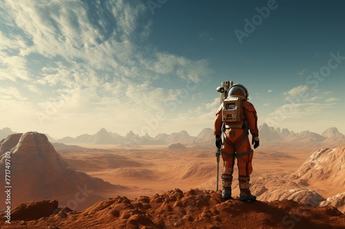 Uncharted Astronaut mars looking rocky ground region. Cosmonaut panoramic celestial discovery. Generate Ai