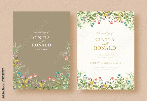 hand painting of flowers with butterflies in garden on wedding invitation background