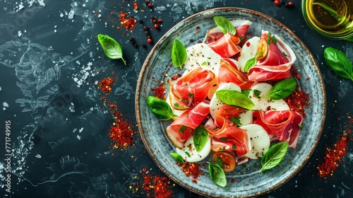  A plate filled with juicy tomatoes, creamy mozzarella, aromatic basil, and briny olives set against a black background, and drizzled with rich olive photo