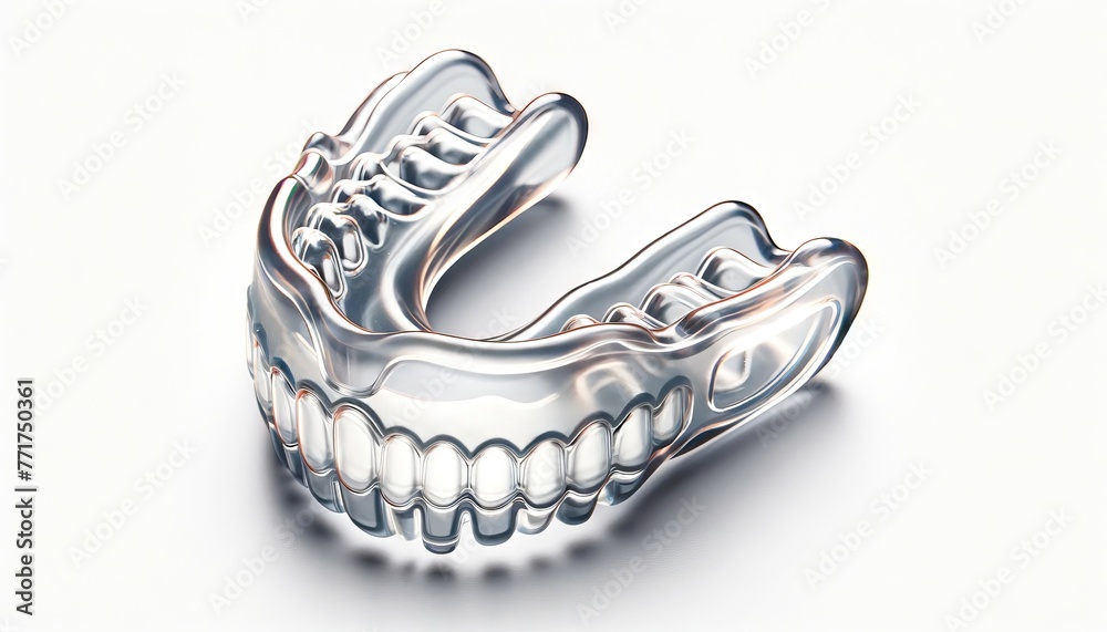 Transparent sports mouthguard isolated on white backdrop. Protective mouthpiece for athletes. Boxing mouthguard. Concept of sports safety, athletic gear, injury prevention, contact sports equipment. - obrazy, fototapety, plakaty 