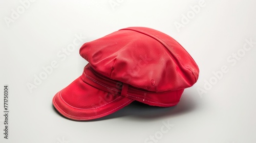Casual red newsboy cap on white surface. Red baker boy hat with a soft texture. Concept of vintage fashion, retro headgear, classic style, and casual wear.
