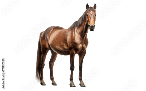 A majestic brown horse stands gracefully in front of a pure white background
