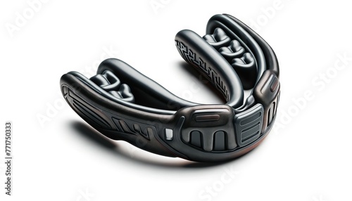 Black sports mouthguard on white backdrop. Protective mouthpiece for athletes. Boxing mouthguard. Concept of sports safety, athletic gear, injury prevention, and contact sports equipment. photo
