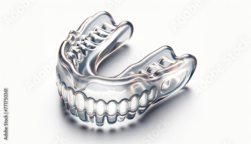Transparent sports mouthguard isolated on white backdrop. Protective mouthpiece for athletes. Boxing mouthguard. Concept of sports safety, athletic gear, injury prevention, contact sports equipment. photo