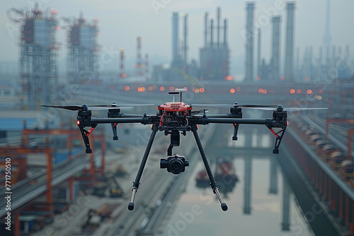 Large drone flies over a city with a large industrial area to check and monitor the operation of the enterprise