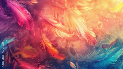 Abstract floating feathers in vibrant colors. Dreamy and artistic concept. Design for wallpaper, background, and creative projects
