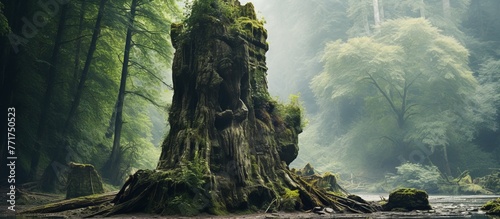 A massive tree stump stands in the midst of a forest by a river, under the open sky. Surrounded by lush greenery and natural landscape