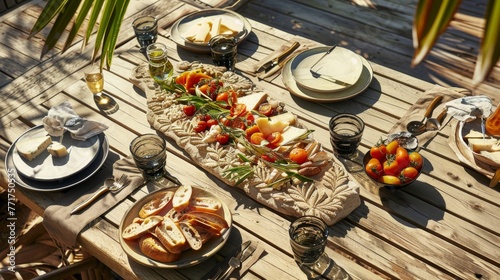  A wooden table, adorned with a variety of dishes on plates and bowls