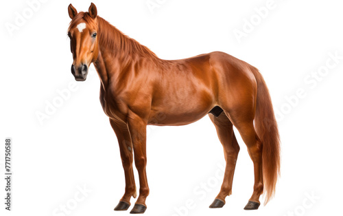 A majestic brown horse stands gracefully before a white backdrop