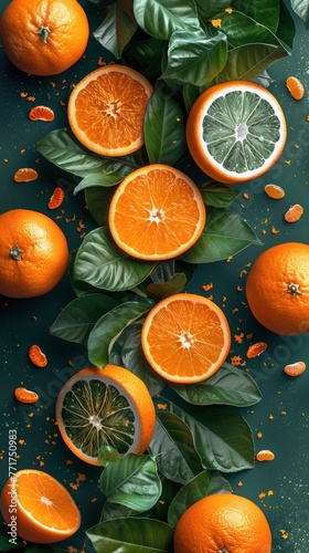 Group of Oranges on Green Leaves