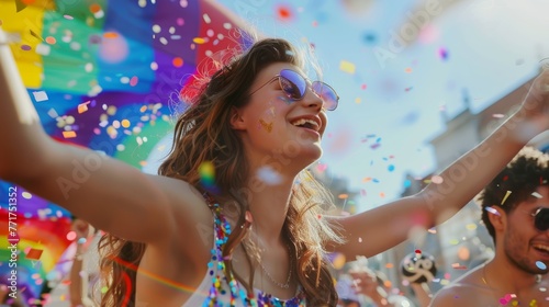 Joyful woman with sunglasses enjoying a festival with confetti. Celebration and happiness concept for event design and print