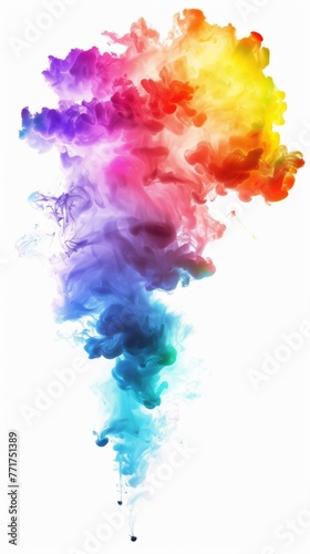 Explosion of rainbow powder. Artistic electric blue and magenta smoke pattern against a white sky background. Generative AI