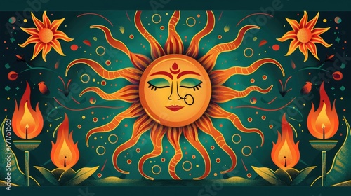 A Sinhala New Year greeting card featuring traditional motifs such as the sun, representing the dawn of a new year, and oil lamps, symbolizing light and hope. photo
