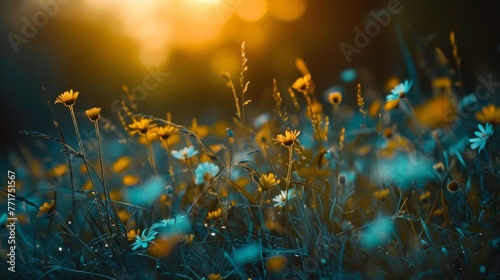 Artistic field of wildflowers at sunset with a vivid blue and orange tone. Concept for nature, tranquility, and summer themes
