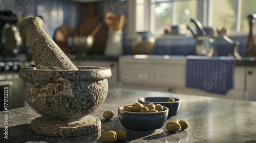  A mortar, olive bowl, sink, & stove occupy a kitchen