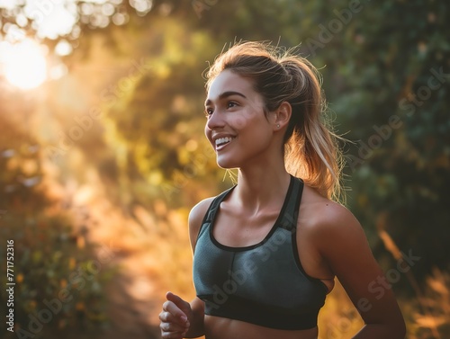 Joyful Jogger in Morning Light. Smiling woman enjoys a morning run in a serene park.