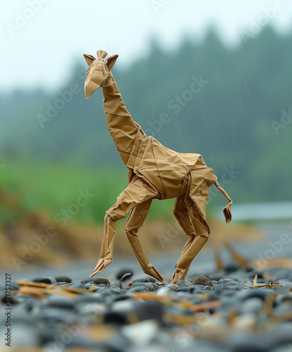 paper giraffe - origami on a rainy forest background
