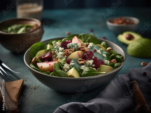 Bowl of salad with spinach, avocado, pears, beets, pecans, blue cheese. Salad dressed with light blue cheese dressing.