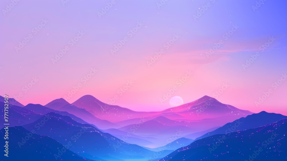 Digital illustration of serene mountain landscape at dusk. Vibrant sunset colors with stars and moon in sky