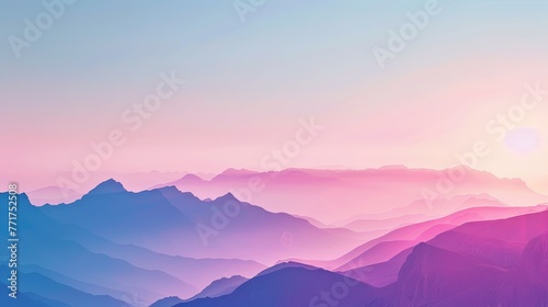 Gradient mountain landscape with soft sunrise hues. Calm and peaceful background concept for website  header  and wallpaper design with copy space