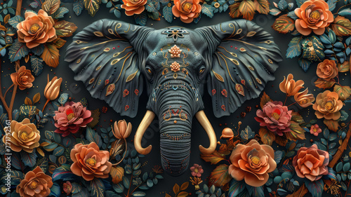Elegant Elephant  Intricate  dark design amidst lush florals.generative ai