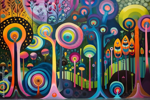   A whimsical  abstract forest with a variety of shapes and sizes