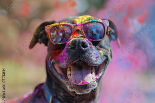 Holi Festival Powder and comic happy dog. Closeup of Fawn Carnivore Dog in colored powder wearing sunglasses. Generative AI © Eugen