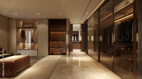 Luxurious modern walk-in closet with elegant lighting. High-end interior design for fashion display. Design for retail  lifestyle  and wealth concepts