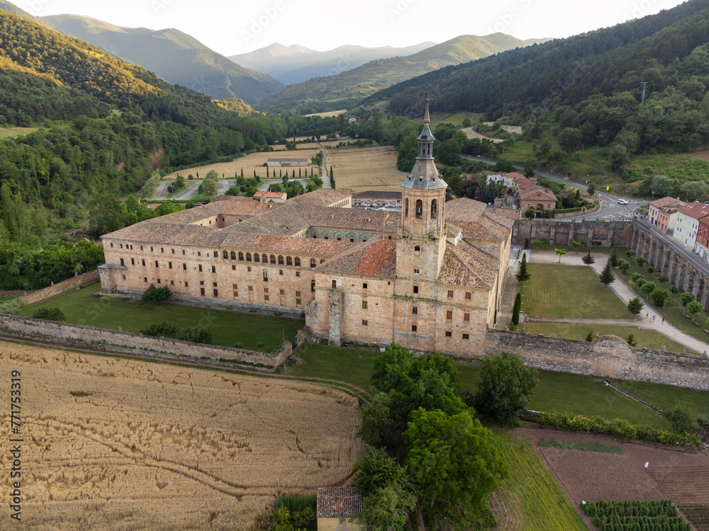 Aerial view of famous Monastery of Yuso in San Millan de la Cogolla, La Rioja, Spain. High quality photo