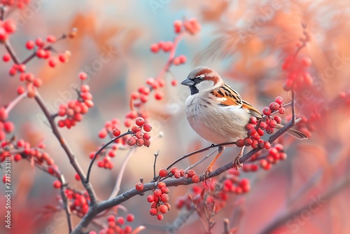 A small sparrow sits on a branch of barberry surrounded by red berries and looks into the distance