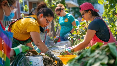 Community garden volunteering, diverse group of people planting in urban neighborhood. Environmental activism and social community work concept