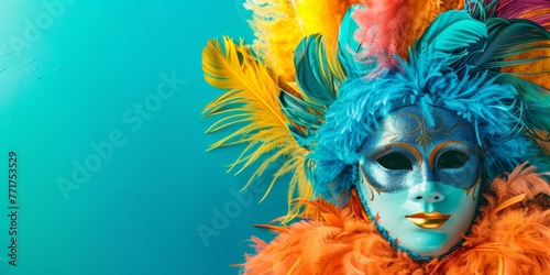 a colorful mask with feathers on it is on a blue background. Copy Space. Generative AI